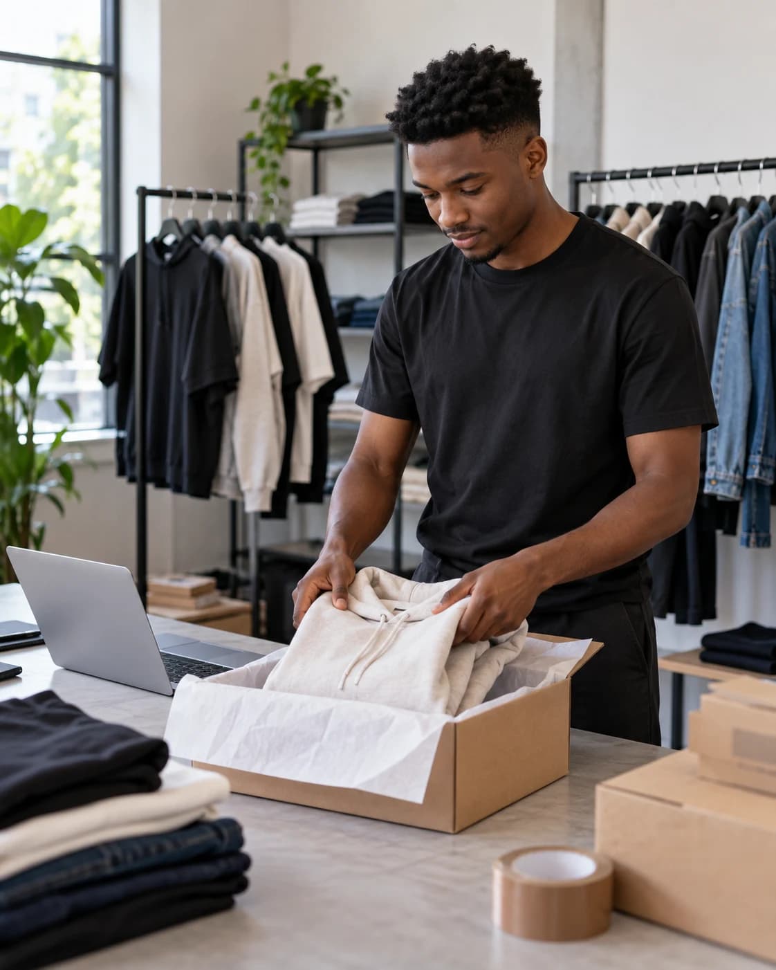 Independent Kenyan fashion seller preparing an order in his studio