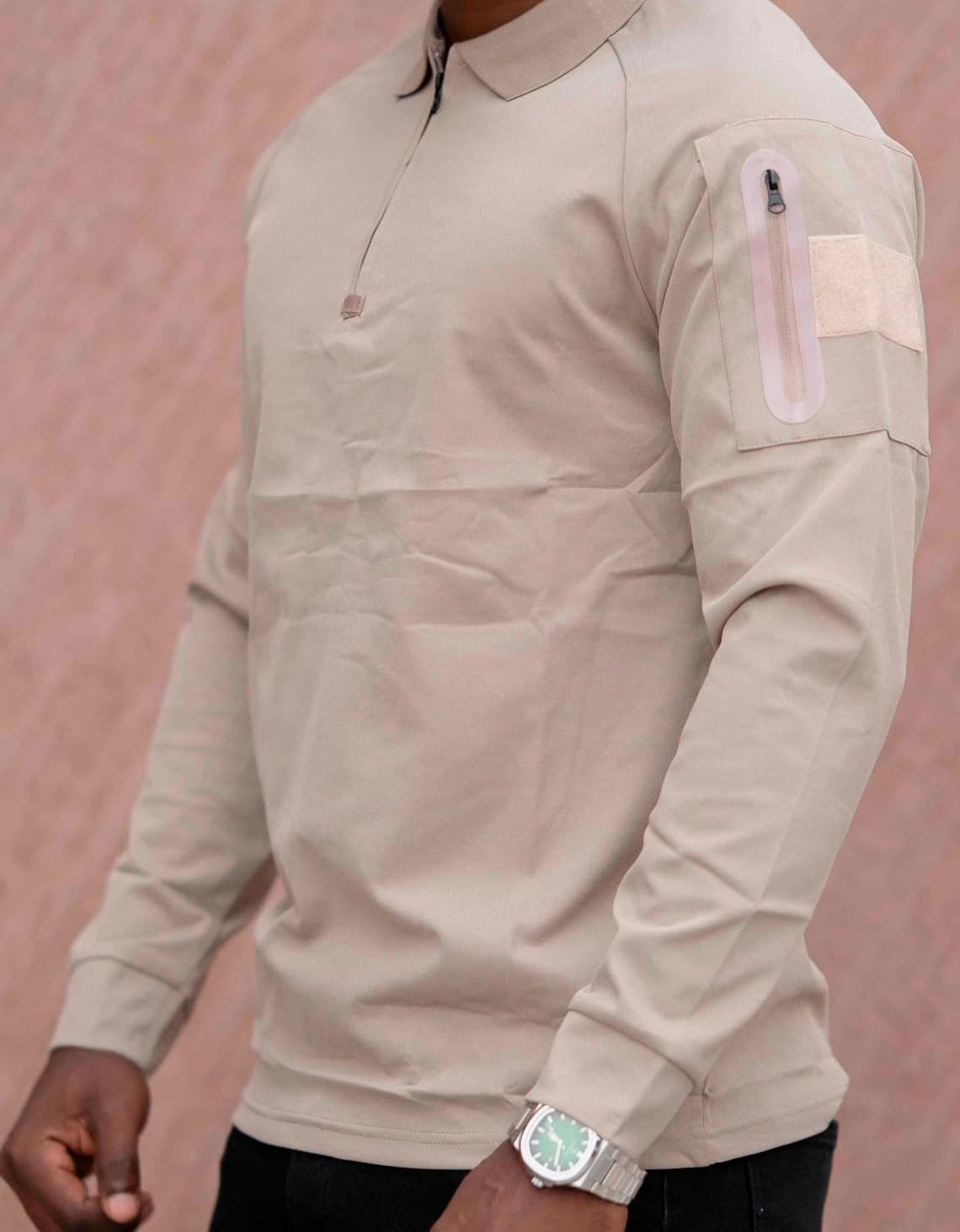Beige Long-Sleeve Quarter-Zip Polo Shirt with Sleeve Pocket