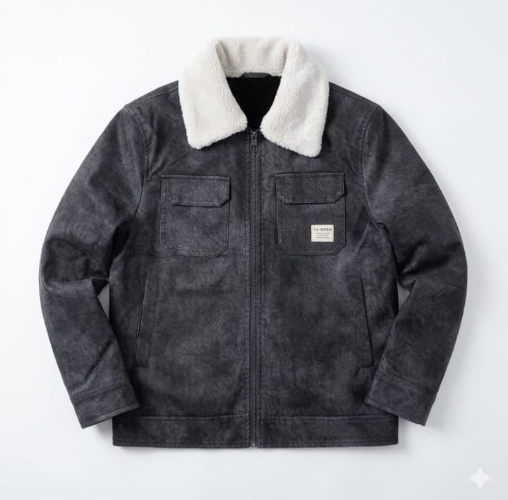 Dark Gray Zip-Front Jacket with Fleece-Like Collar