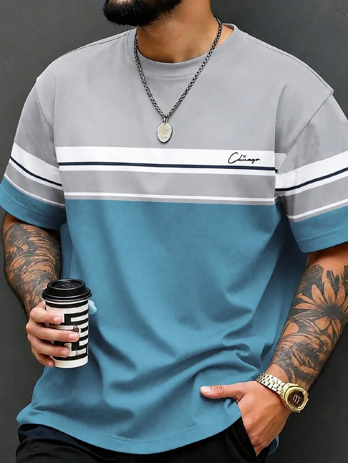 Teal Blue and Gray Striped Color-Block T-Shirt